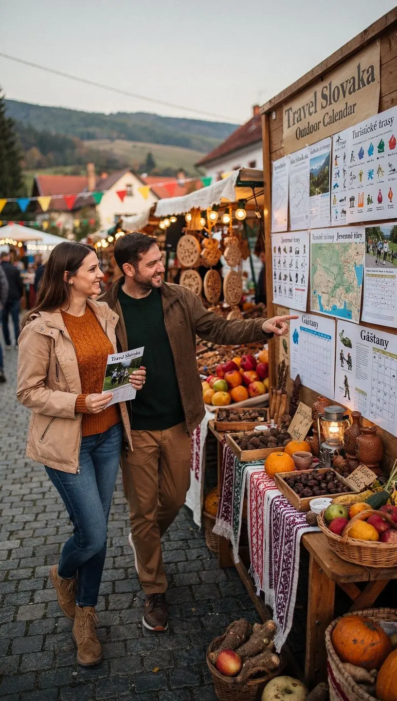 A vibrant autumn landscape showcasing colorful foliage along a hiking trail in Slovakia.